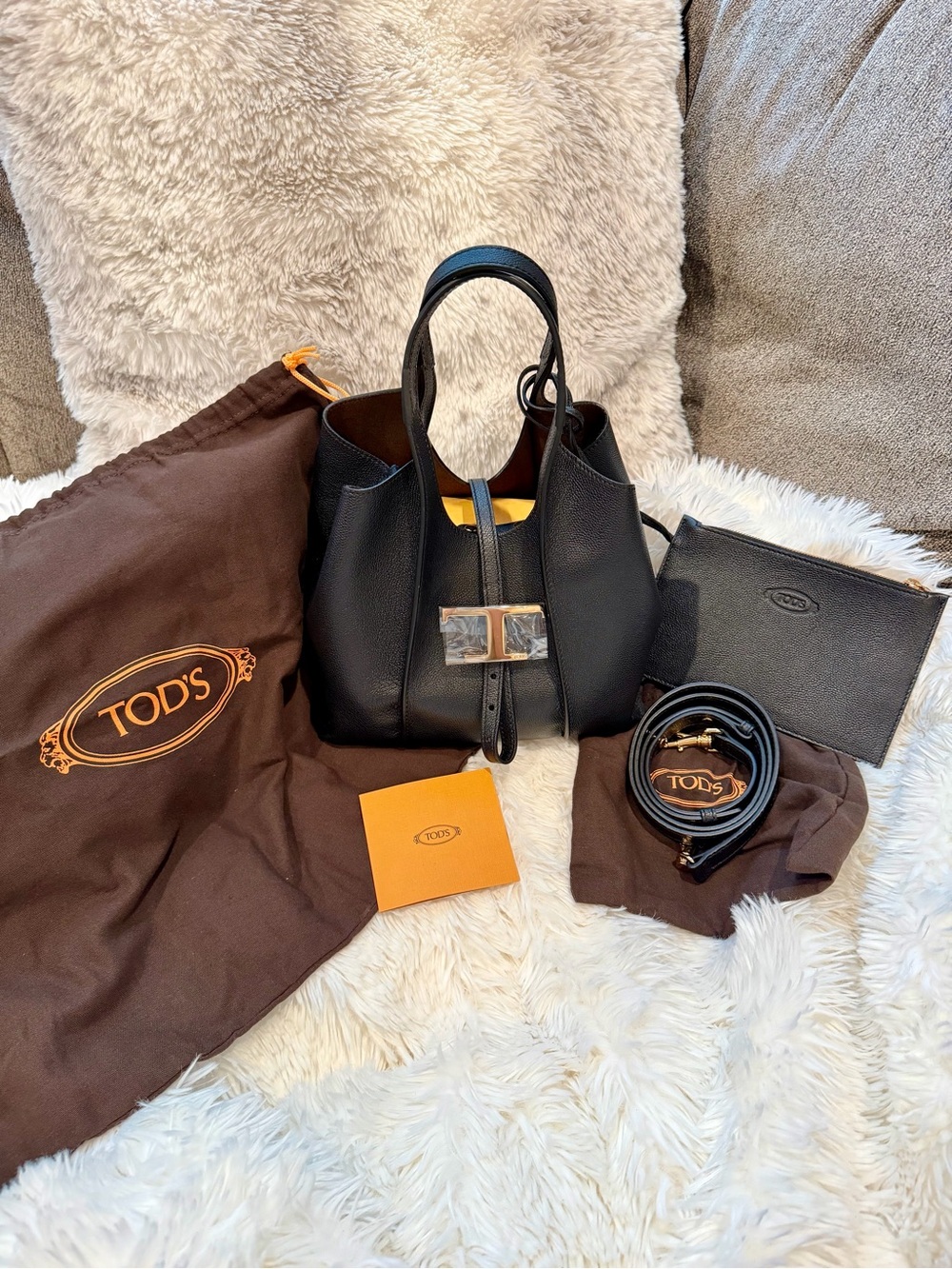 Tod's Small Timeless T Black Gold Leather Shoulder Crossbody Tote Hand Bag